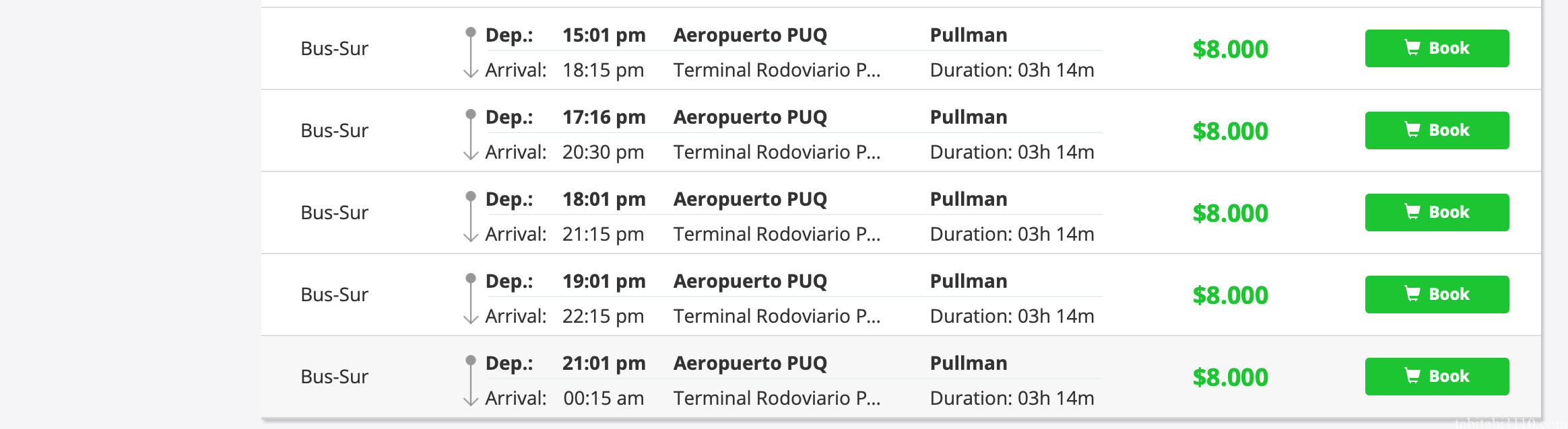 プンタアレナス空港からプエルトナタレスへのバスの時刻表
